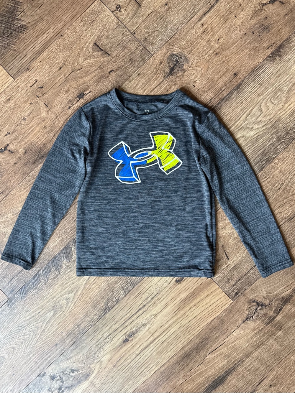 Under Armour Kids Charcoal Long-Sleeve Tee with Blue & Neon Yellow Logo
